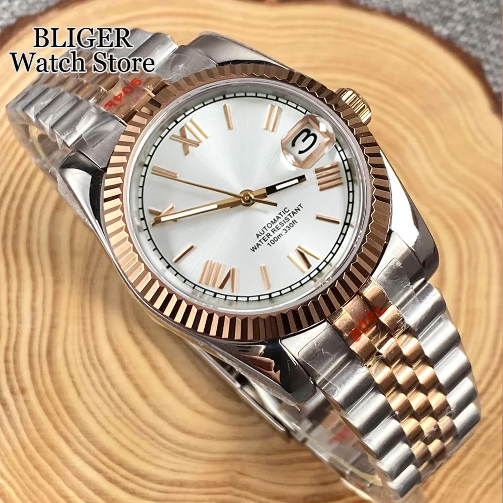 BLIGER 36mm 39mm NH35 Sunburst Silver Dial Rose Gold Roman Numbers Watch Men Sapphire Automatic Wristwatch Steel Jubilee Strap