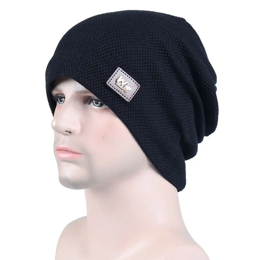 Warm Fleece Lined Casual Knitted Hat Label Decor Knitted Material Slouchy Winter Hats Solid Pullover Turban Cap Men and Women