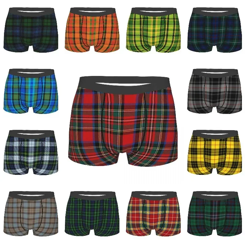 Classic Popular Tartan Plaid Underwear Men Breathbale Geometric Gingham Check Print Boxer Briefs Shorts Panties Soft Underpants