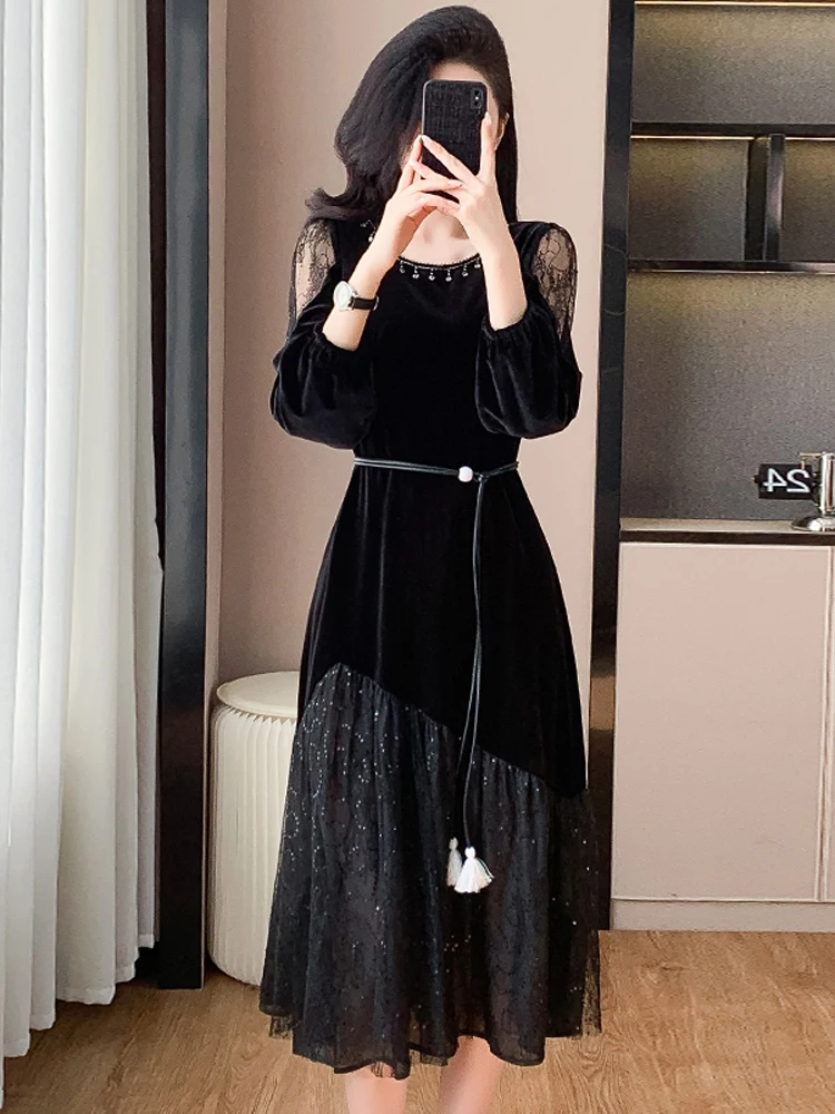 NYFS 2025 ربيع الخريف جديد كوريا المخملية فستان امرأة Vestidos رداء Elbise شبكة المرقعة فضفاض حجم كبير فساتين طويلة