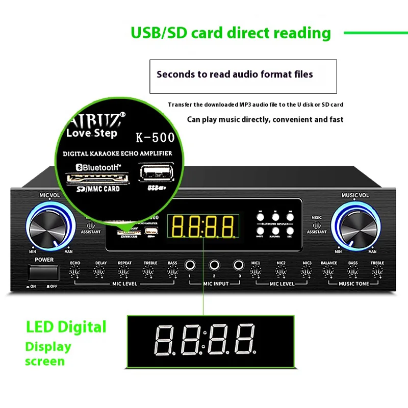 200-800W Professional Audio Amplifier Bluetooth Sound Box USB SD Card Amp 2Mic Input Amplifiers For Home Karaoke KTV DJ Party