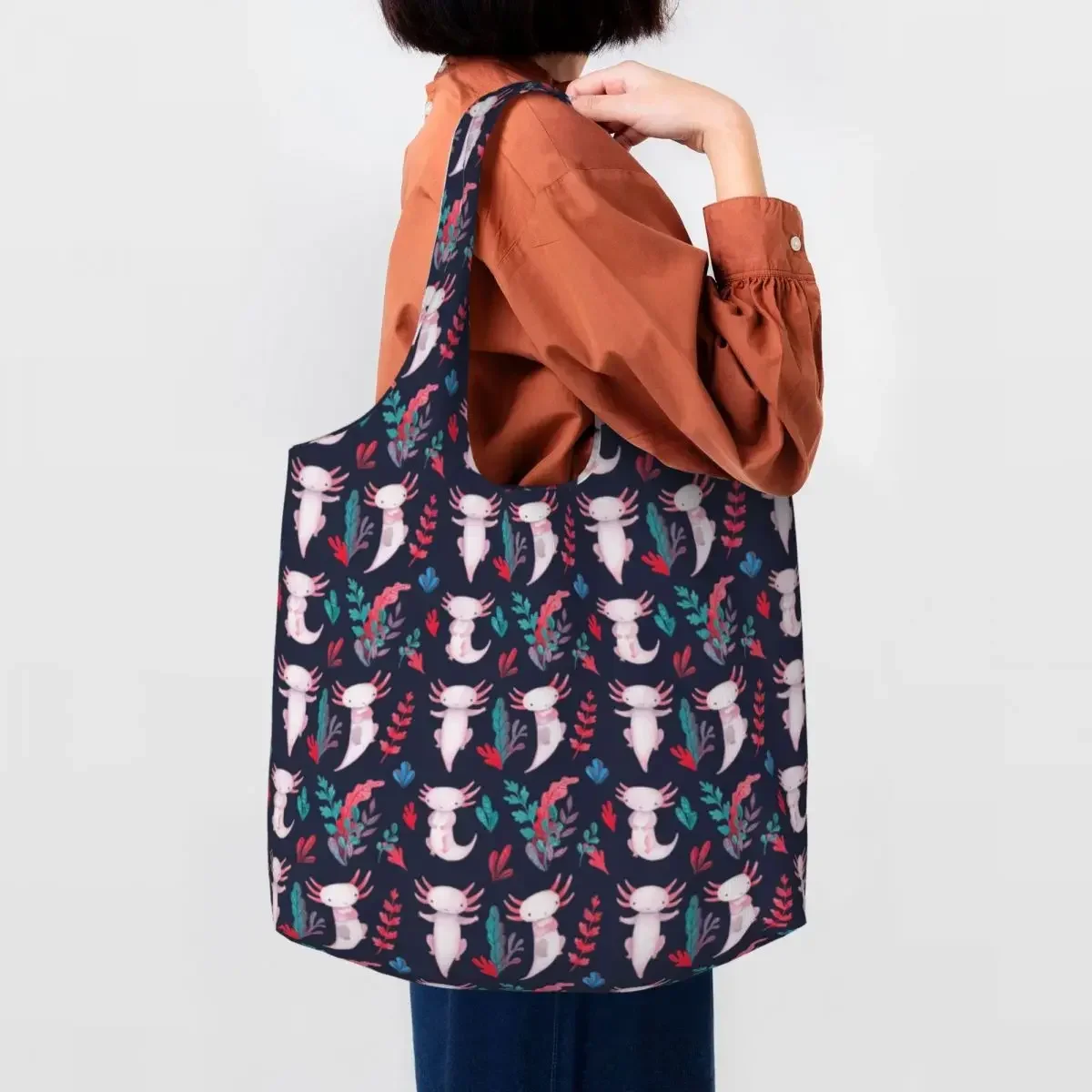 Kawaii Axolotl Pattern Shopping Tote Bags Recycling Salamander Animal Canvas Grocery Shopper Shoulder Bag Photography Handbags