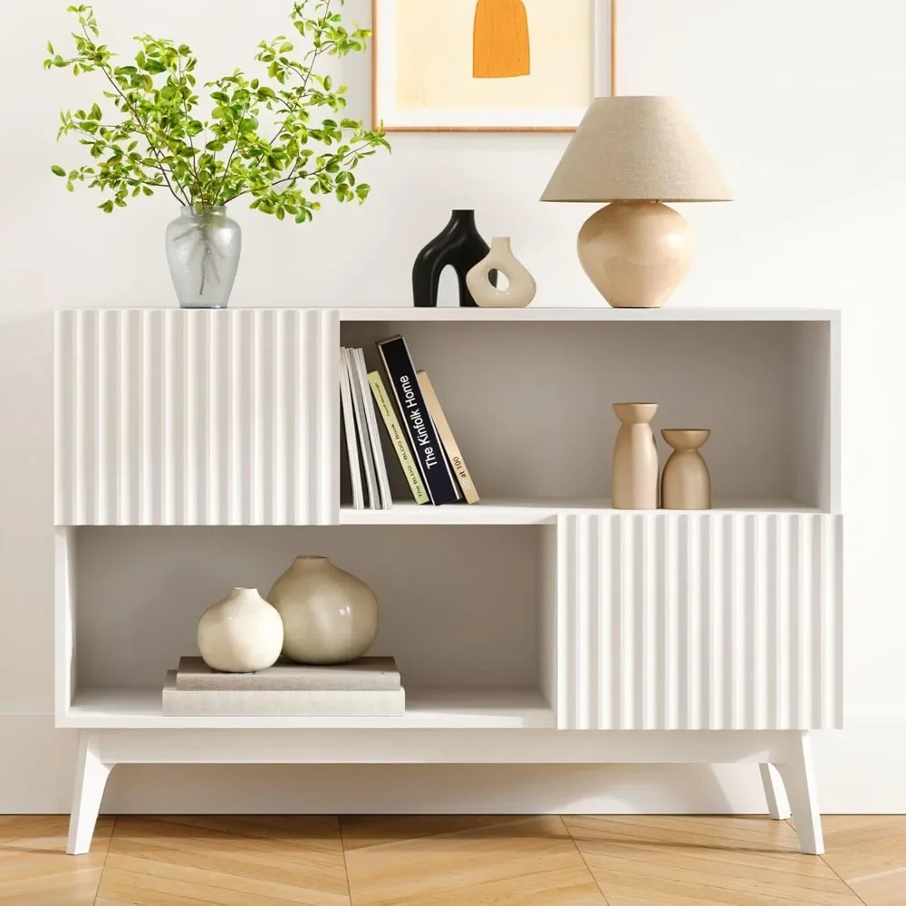 

Fluted Buffet Sideboard White, Modern Storage Cabinet with Storage, Accent Cabinet with Solid Wood Legs, Console Table wi