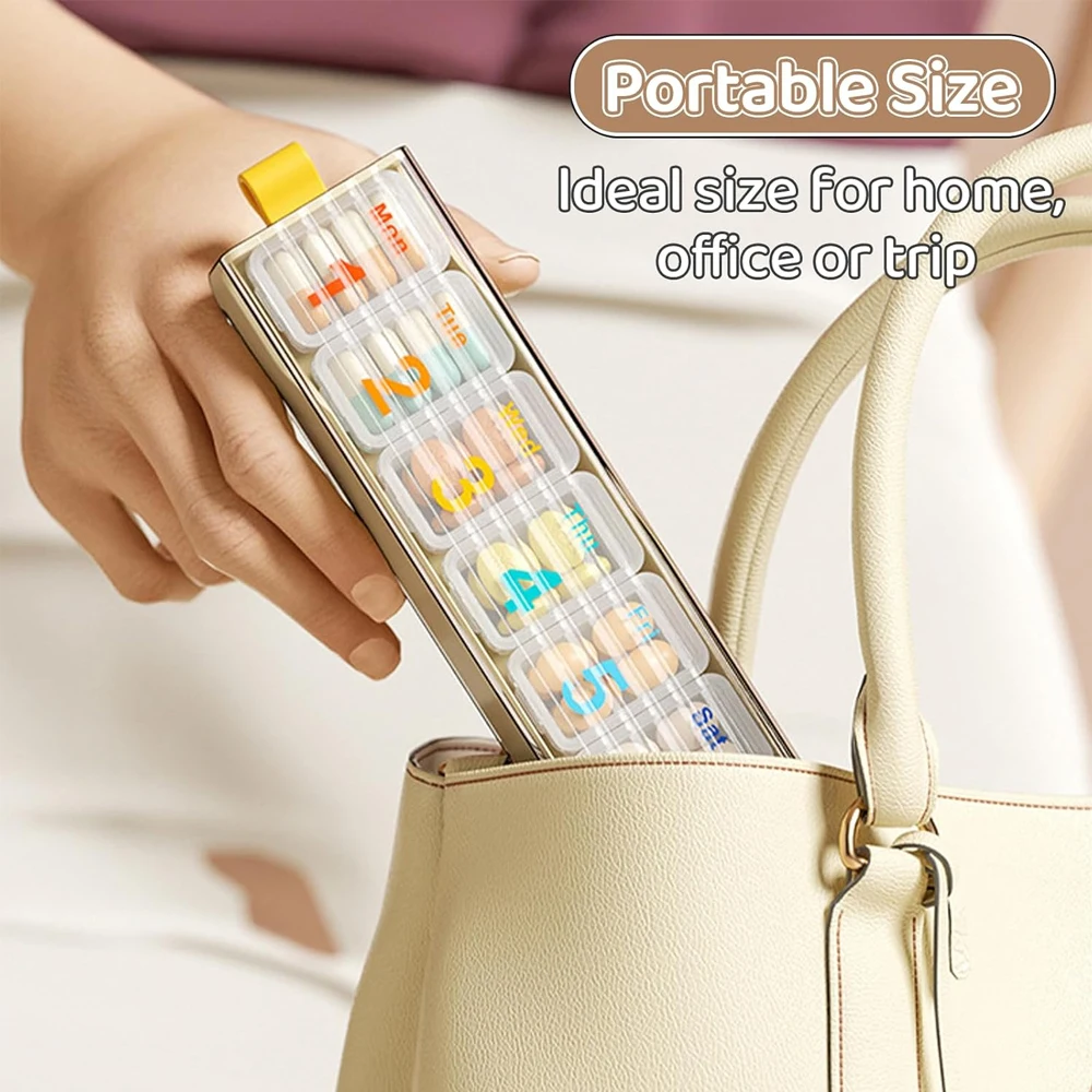 Large Capacity 7 Day Pill Organizer, Week Marked Grids, Portable Tablet Container For Vitamins & Nutrient Capsules