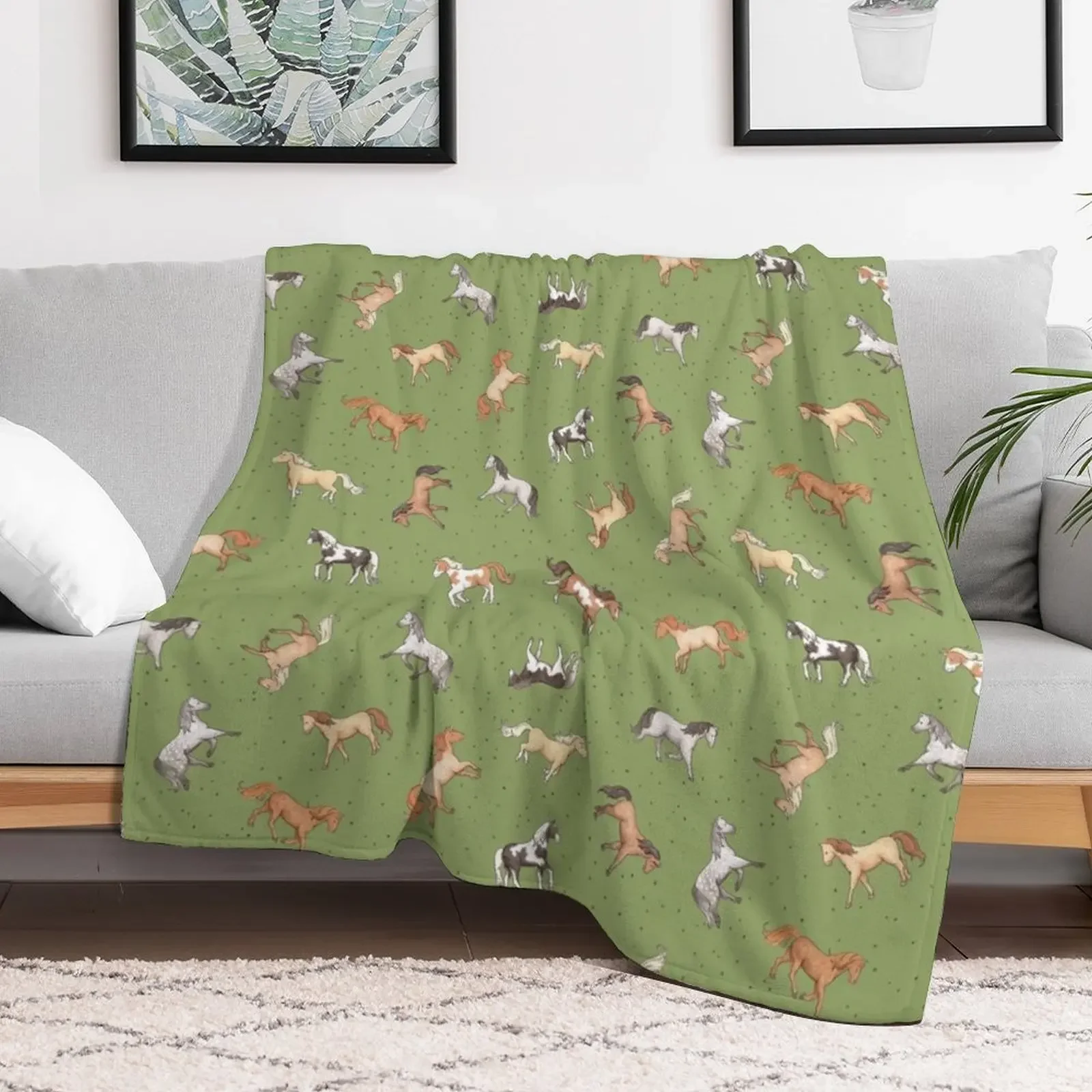 Scattered Horses spotty on olive green pattern Throw Blanket Retros anime christmas gifts for winter Blankets