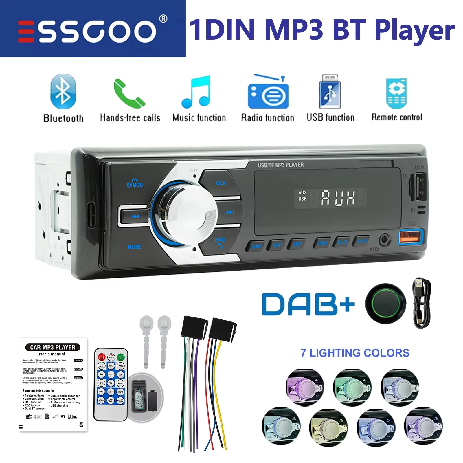 ESSGOO Single 1DIN Universal-Autoradio mit DAB+, Bluetooth, Freisprechfunktion, 7 Farben, Beleuchtung, MP3-Player, USB, FM, Aux-In, USB-Sprachsteuerung