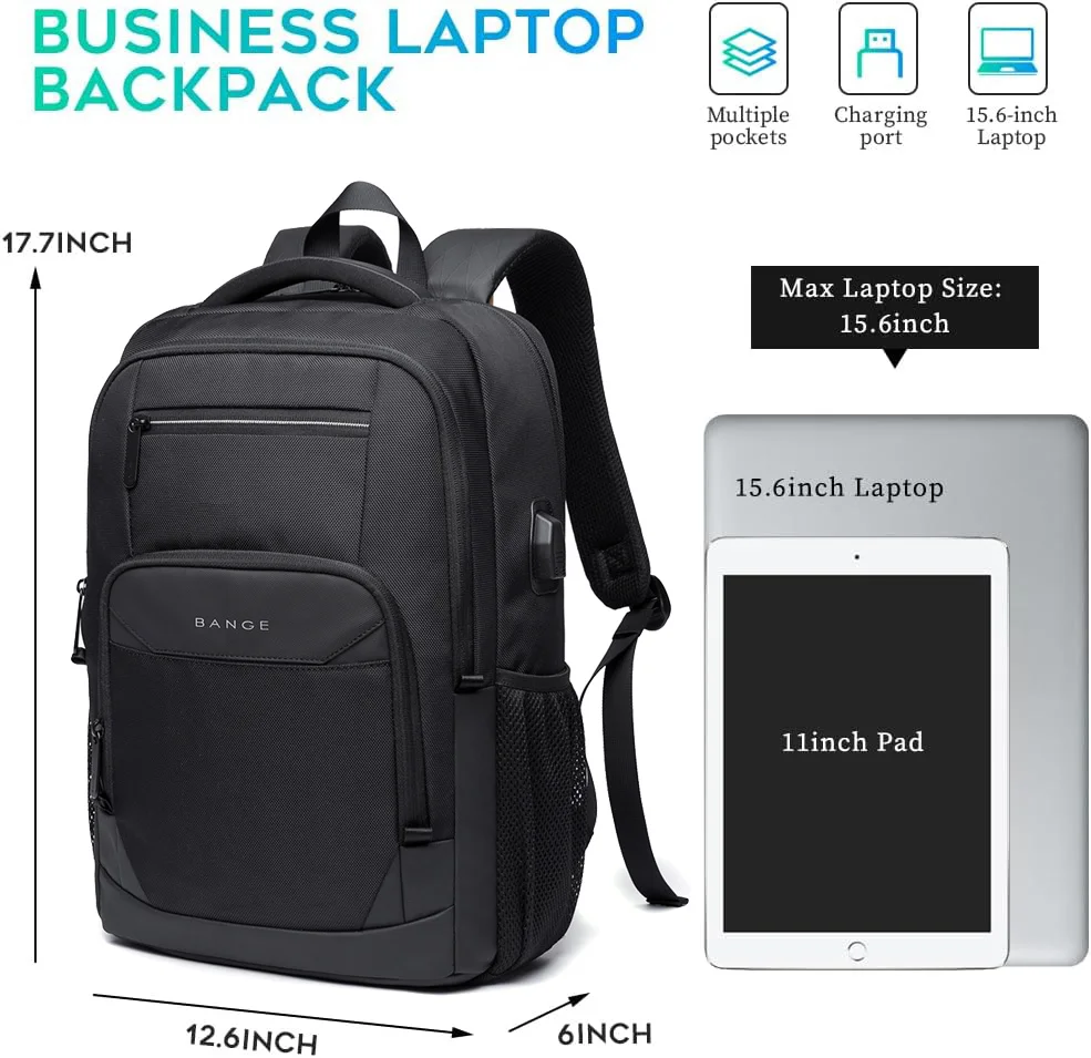 BANGE Travel Waterproof Backpack with USB Charging Port Fit 15.6 Inch Laptop Backpacks for Men and Women, Teenager School Bags