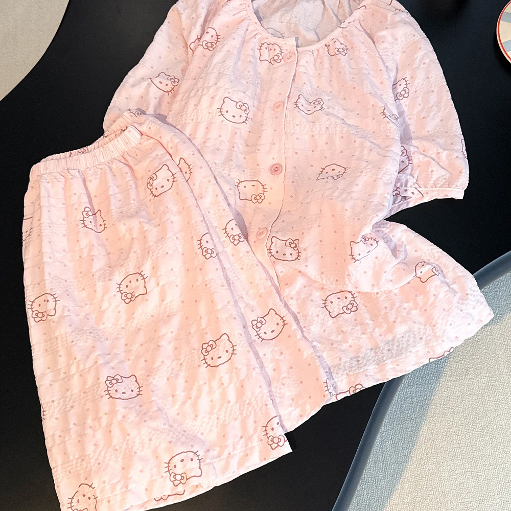 

Sanrios Hello Kitty Girls Pajamas Cotton Women Cotton Poplin Casual Tops Shorts Homewear Cute Sweet Summer Cute with Breast Pad