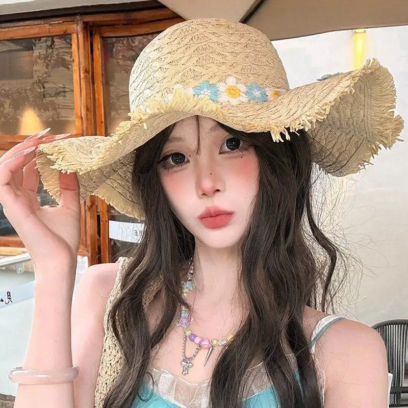 

Large Brim Straw Hat Floral Lace Summer Beach Vacation Style Women's Sunshade Sunscreen Cap Casual Spring Plant Floral Pattern