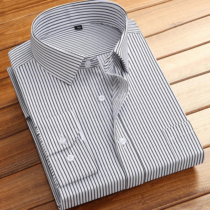 Cotton Men\'s Classic Long Sleeve Striped Basic Dress Shirts Single Patch Pocket Formal Business Standard-fit Office Social Shirt