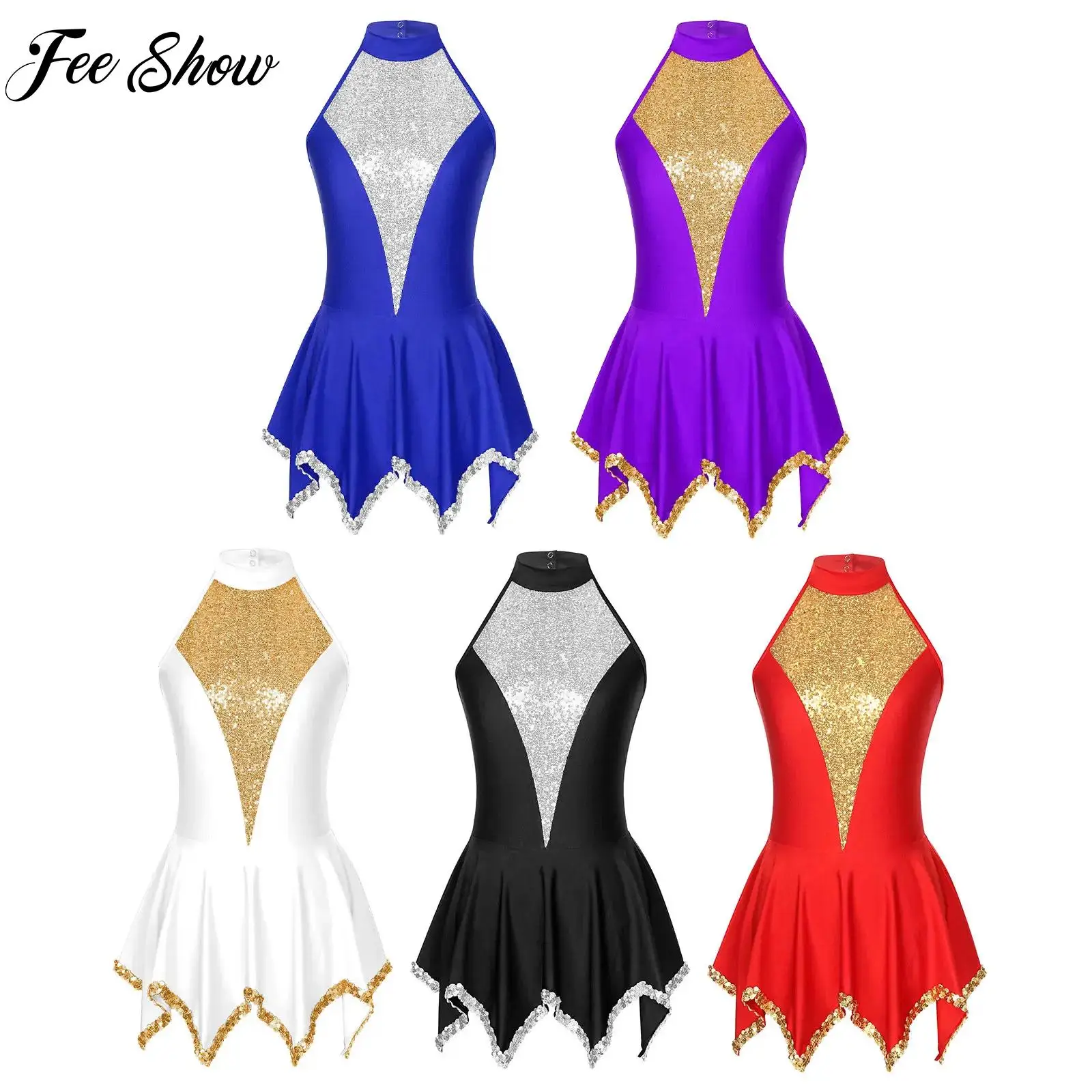 

Womens Shiny Sequin Latin Dance Dress Halter Neck Sleeveless Irregular Dresses Prom Party Figure Skating Performance Dancewear