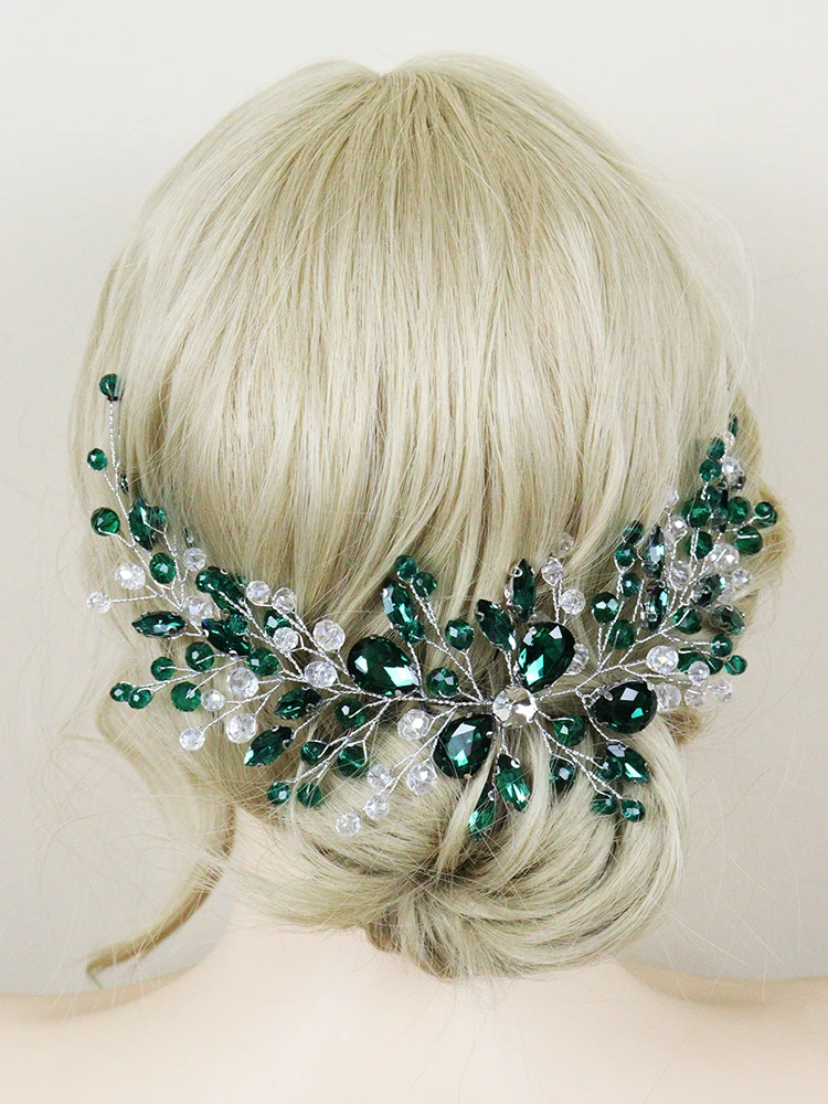 Trendy Green Rhinestone Headband Wedding Hair Accessories Handmade Crystal Women Tiaras 90s Bride Headdress for Party Prom