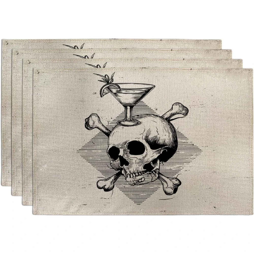 Halloween Skull and Crossbones Placemats Vintage Pirate Place Mats for Dining Table, Non-Slip Washable Indoor Party Bar