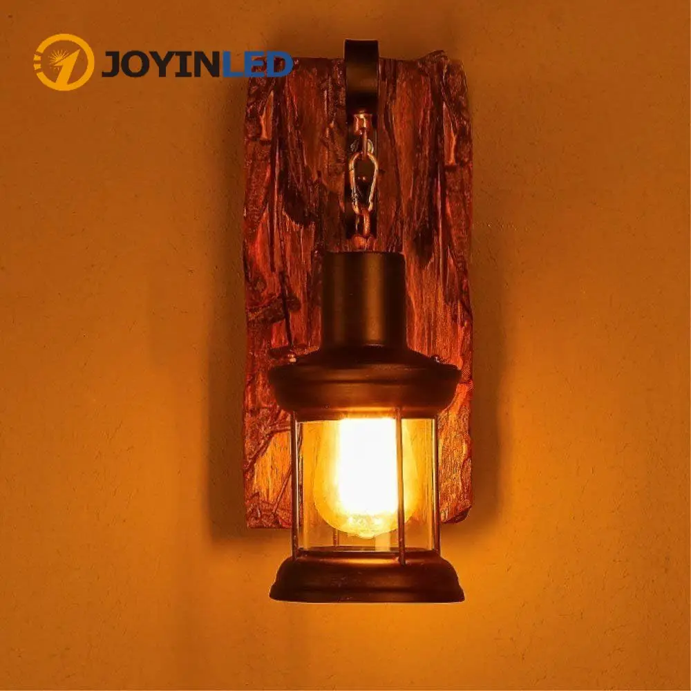

Vintage Solid Wood American Art E26/E27 Lantern Wall Light Bar Café Restaurant Bedroom Retro Glass Wall Sconce Decor Lamp