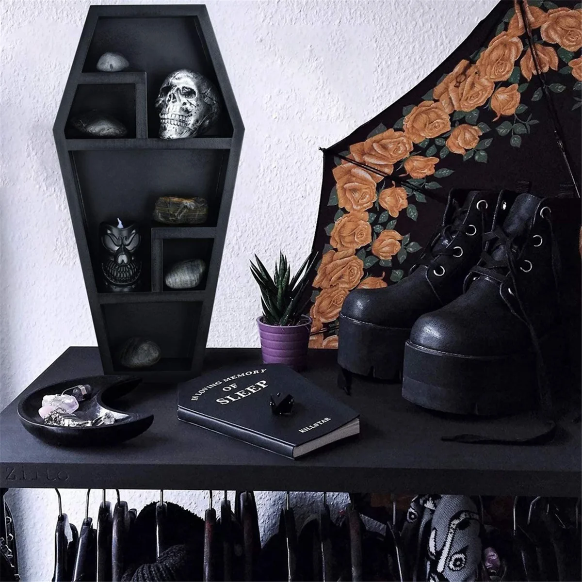 Coffin Shelf-Étagères murales flottantes en PVC noir massif, décor gothique effrayant pour la maison, la chambre et le salon, HO-Spooky