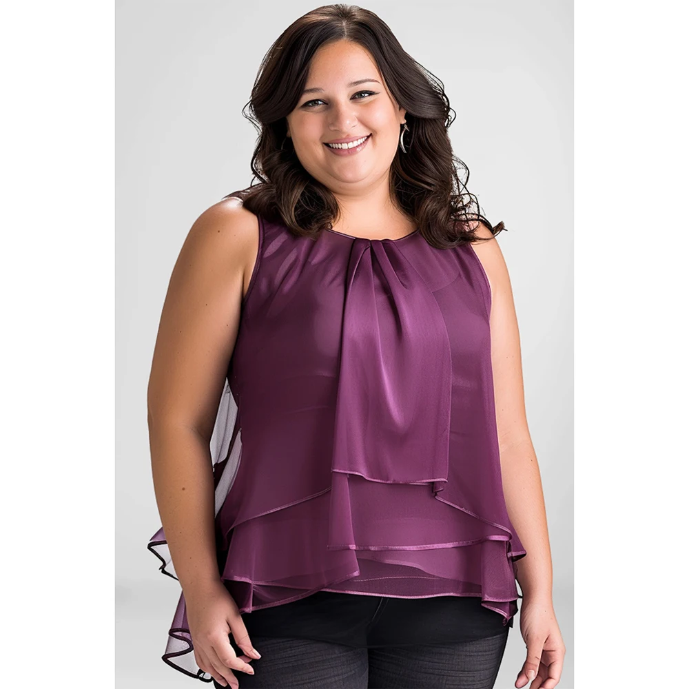 Plus Size Everyday Casual Dark Purple Chiffon Layered Overlay Fold Tank Top Round Neck Shirts