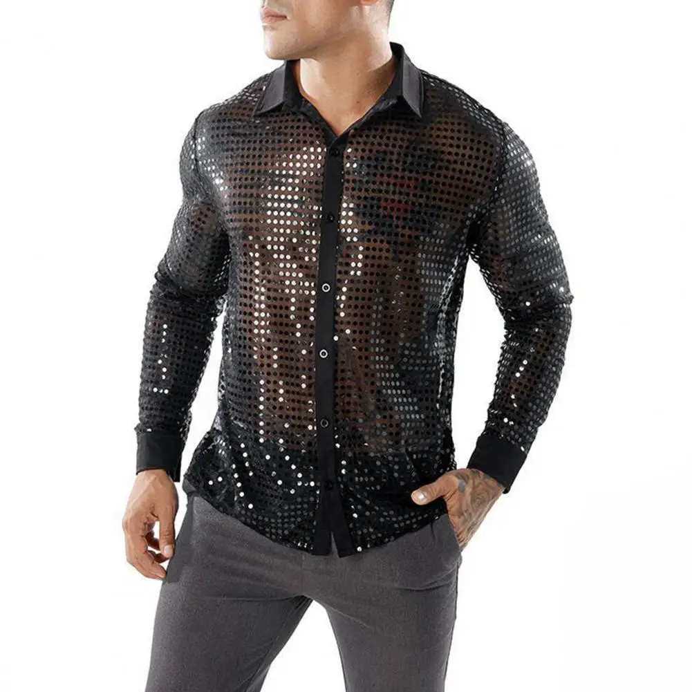 Camisa masculina clube festa disco camisa brilhante fino ajuste lantejoulas lapela único breasted mangas compridas vinatge 70s desempenho masculino shi