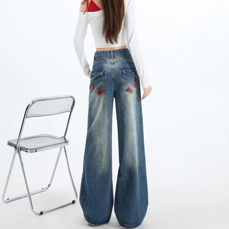 

2026Spring new embroidered high-waisted retro color-blocked loose wide-leg straight floor-length jeans for women