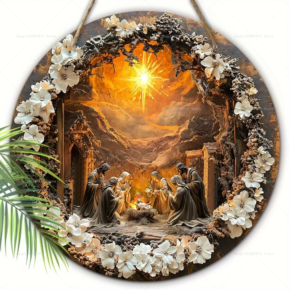 Nativity Scene Wooden Sign Guard Jesus Christmas Wreath Round Sign for Church Door Wall Hanging Decor Ideal Gift for Christian