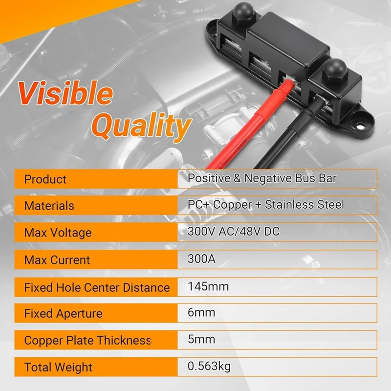 Hot Power Distribution Block, 12V 300A Bus Bar, 3/8Inch Studs Terminal Strip, 12-48V Heavy Duty Terminal Block