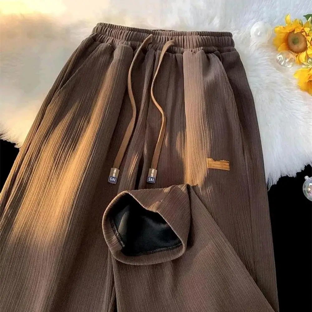 Ribbed Ice Silk Men Pants Korean Style Fast Drying Casual Trousers Drawstring Pockets Thin Casual Sport Long Trousers Streetwear