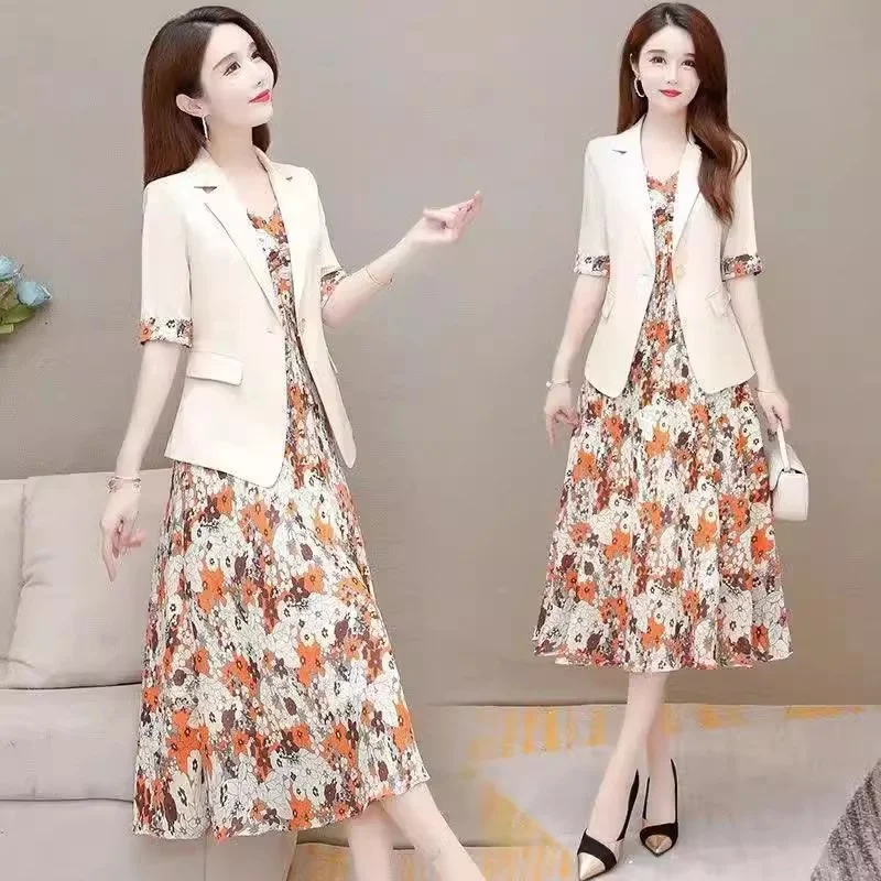 Pink Blazer And Floral Dress Suits 2025 New Ladies Slim Fit Mid Lngth Summer Set Dress Two Piece Set for Women Dress Spring Tdl