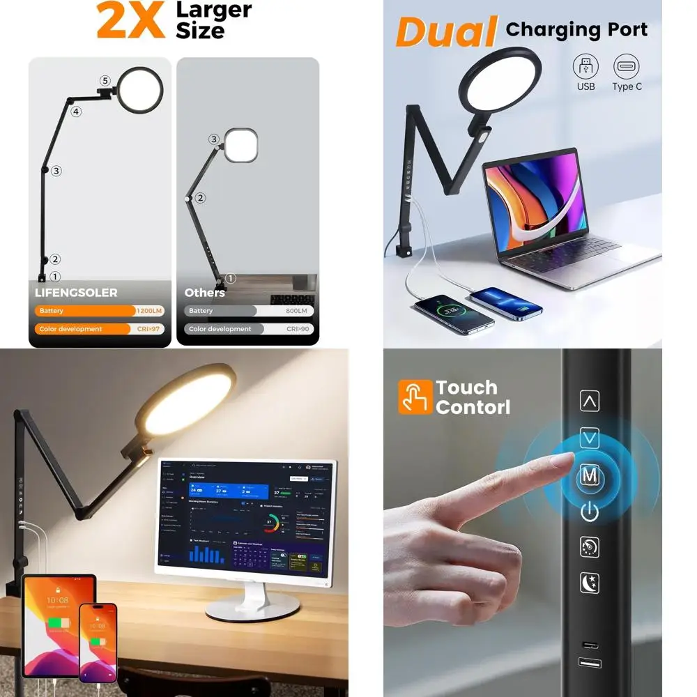 

Adjustable Eye-Care Desk Lamp with 1200LM, 5-Color Temperatures, USB Charging for Home and Office Use