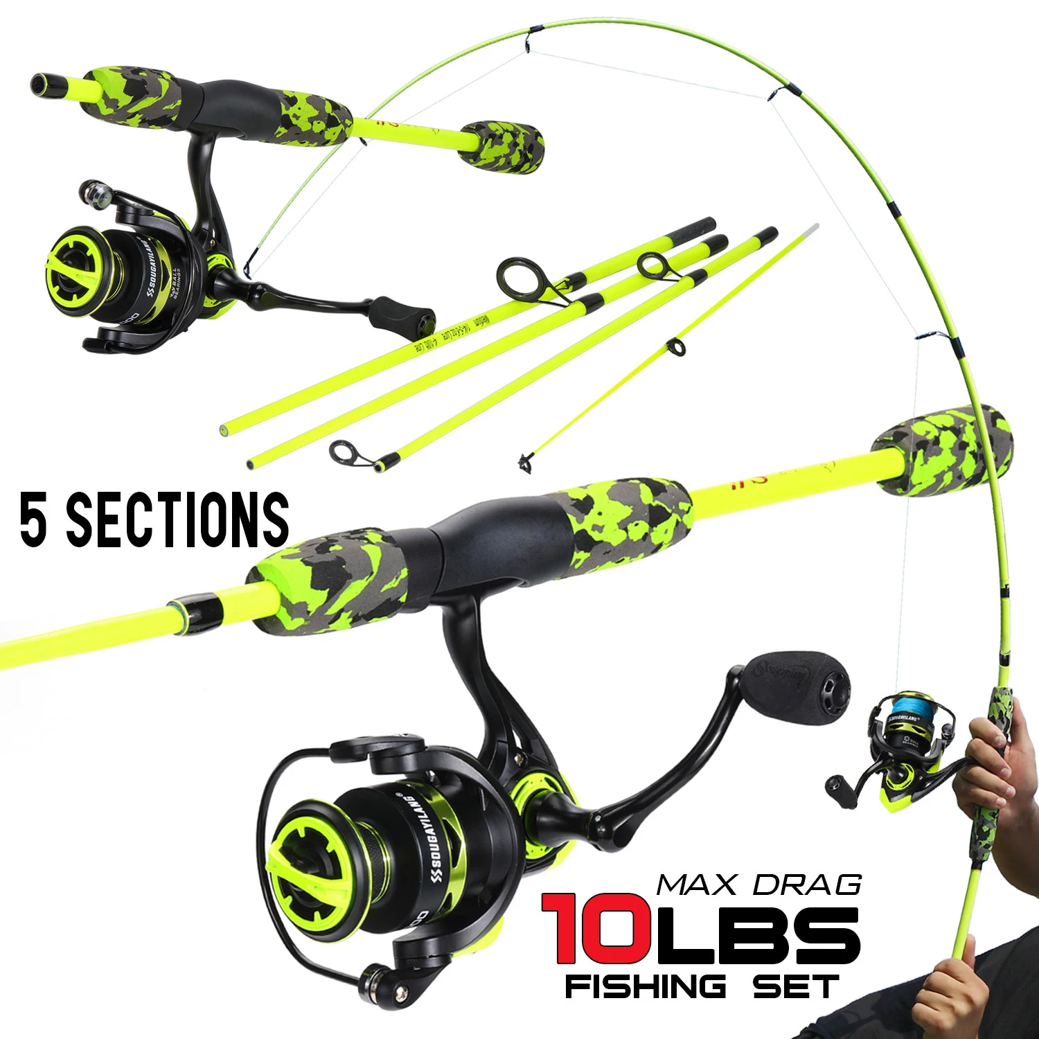 

Набор удочек Sougayilang, спиннинговая удочка 1,7 м и спиннинговая катушка серии 1000 ~ 2000, максимальное сопротивление 5 кг для пресноводной ловли окуня и щуки