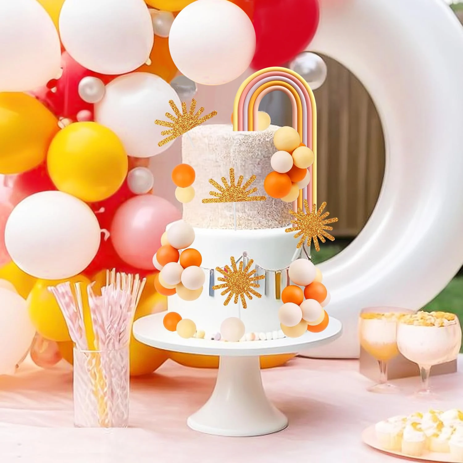 Sun Rainbow Cake Decor Cupcake Toppers Ball Dessert Picks,Sun Theme Birthday Party Baby Shower Celebration Photo Props