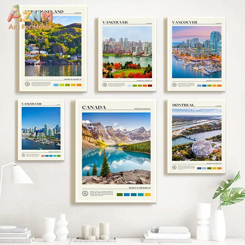 Affiche sur toile sans cadre AZNM, impression de paysages touristiques vintage du Canada, Vancouver, Montréal, lac, montagne, paysage touristique vintage, décoration murale A