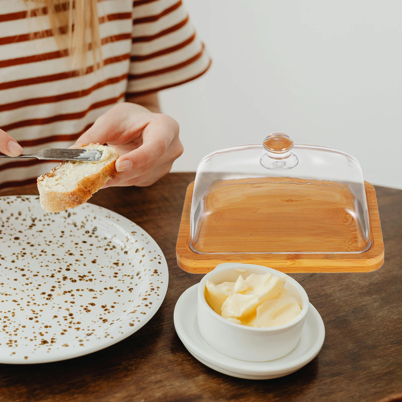 Rectangular Wooden Butter Dish Glass Lid Cheese Dome Cupcake Plate Mini Cake Stand With Dome Kitchen Dinnerware Set Clear Tray