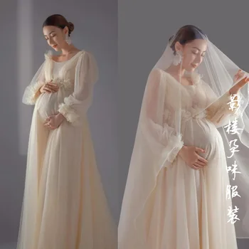 Oggetti di scena per la fotografia delle donne Champange Mesh scollo a v floreale elegante abiti premaman prospettiva abito da gravidanza per riprese in Studio