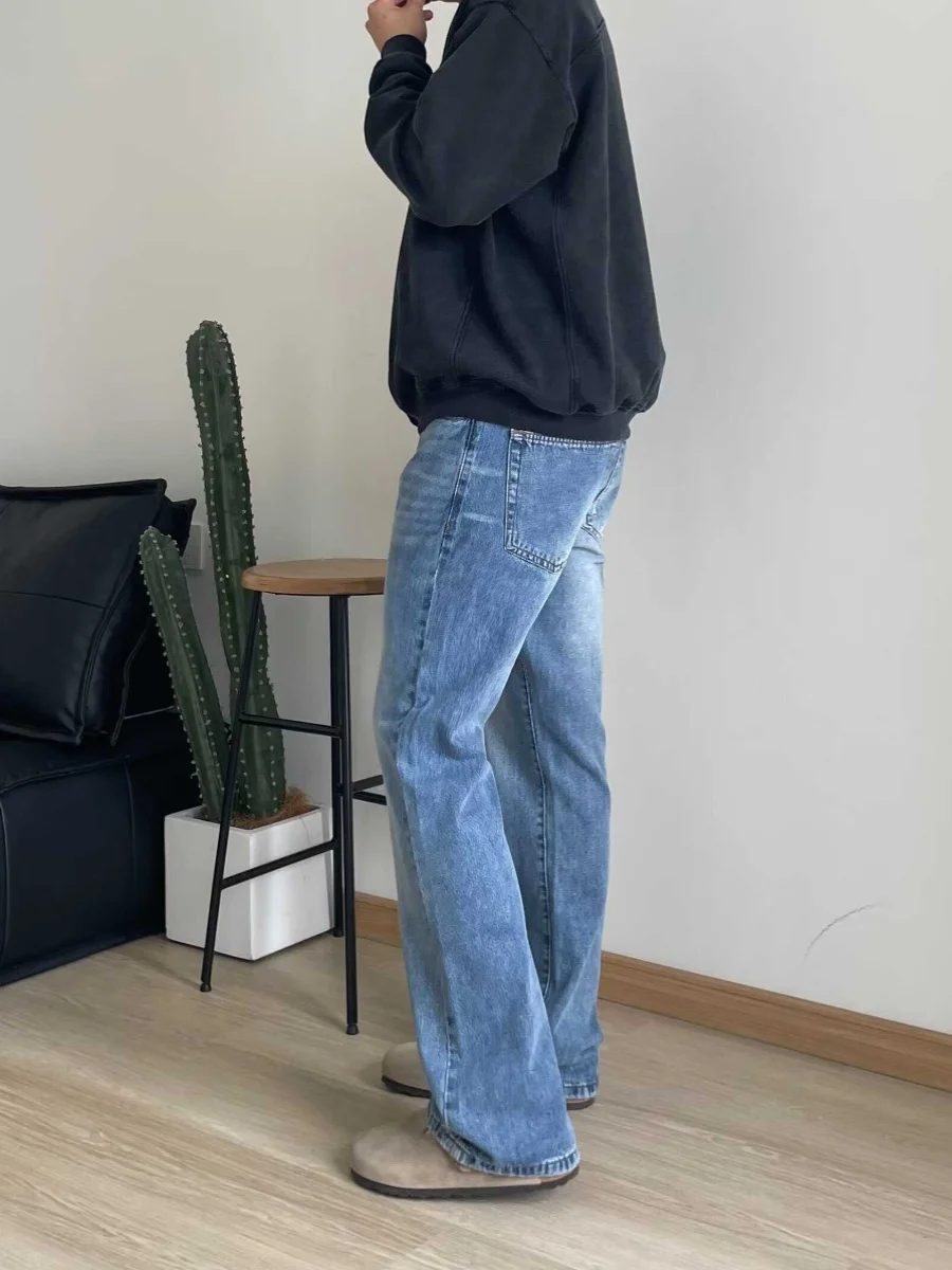 Retro Amerikaans lichtblauw waed distred slim fit herenjeans hoge taille lange broek met rechte pijpen vrijetijdskleding alle seizoenen