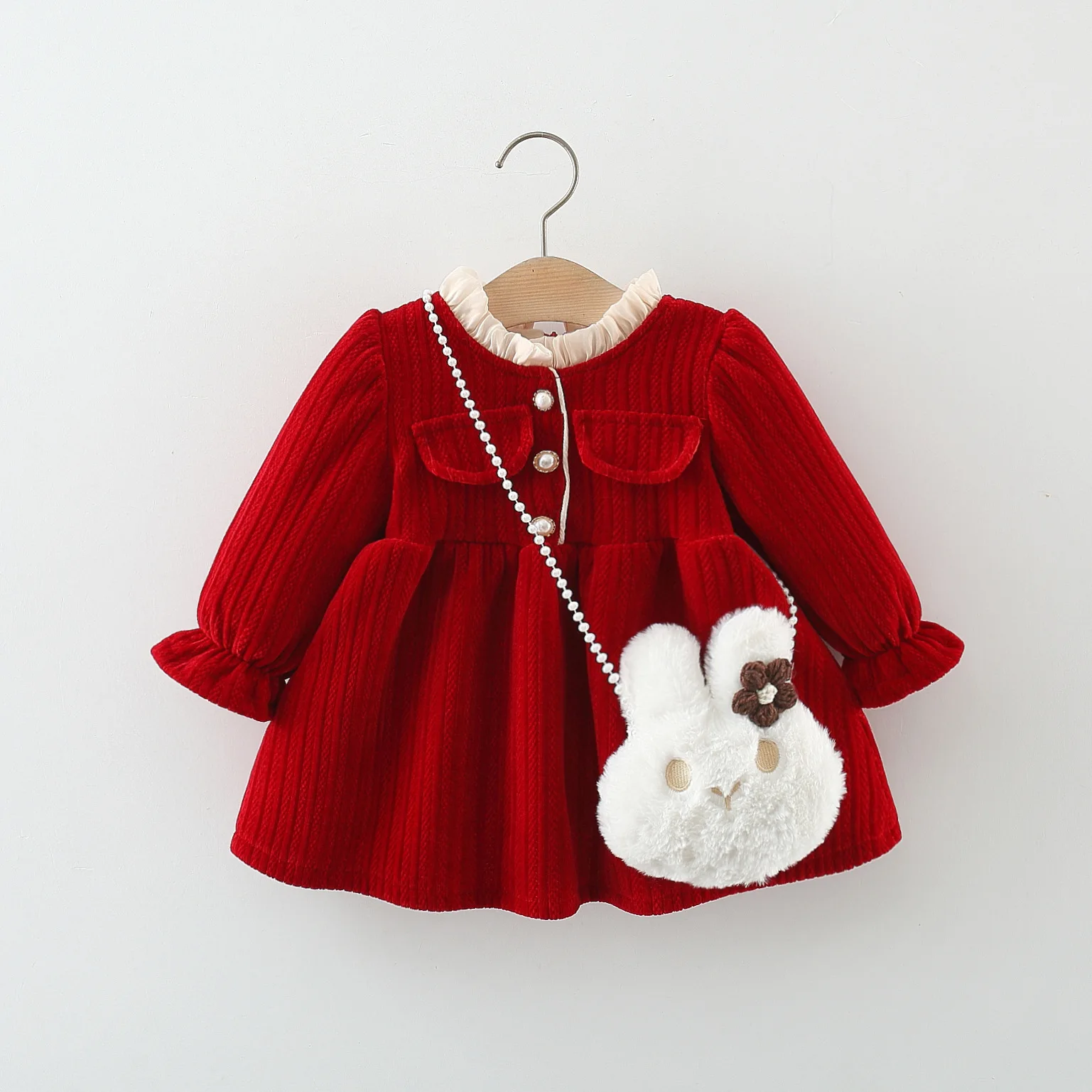 2 Teile/satz Winter Kinder Kleidung Neue Jahr Chirstmas Baby Mädchen Dickes Kleid Zarte Kleinkind Kostüm Kind Kostüm + Niedlichen Kaninchen Tasche – Detail 2