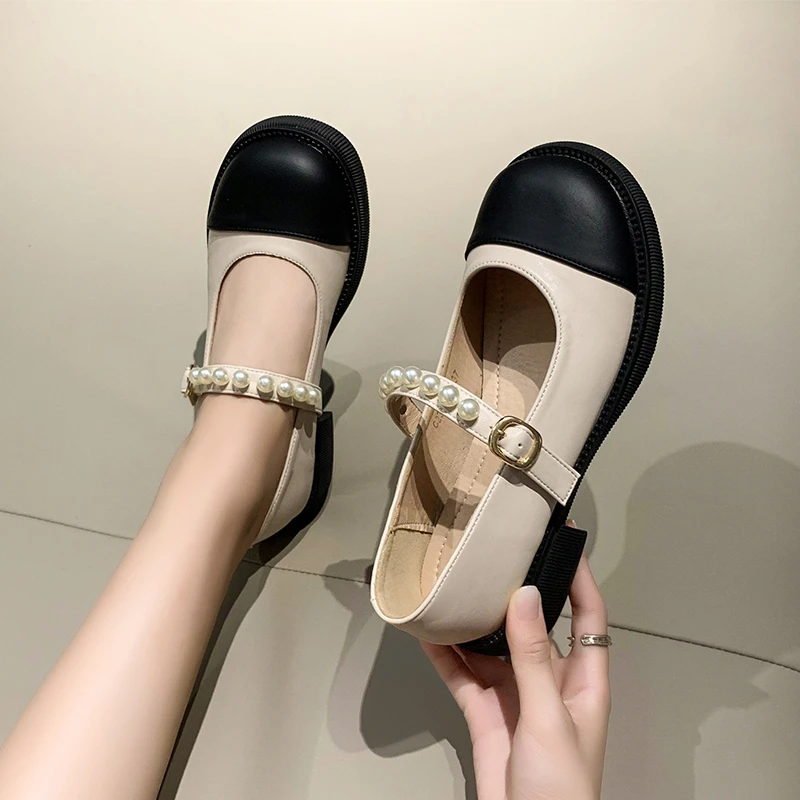 New Oxford Shoes for Women Lolita Shoes Woman Mary Janes Buckle Strap Square Mid Heels Round Toe String Bead Loafers Plus Size