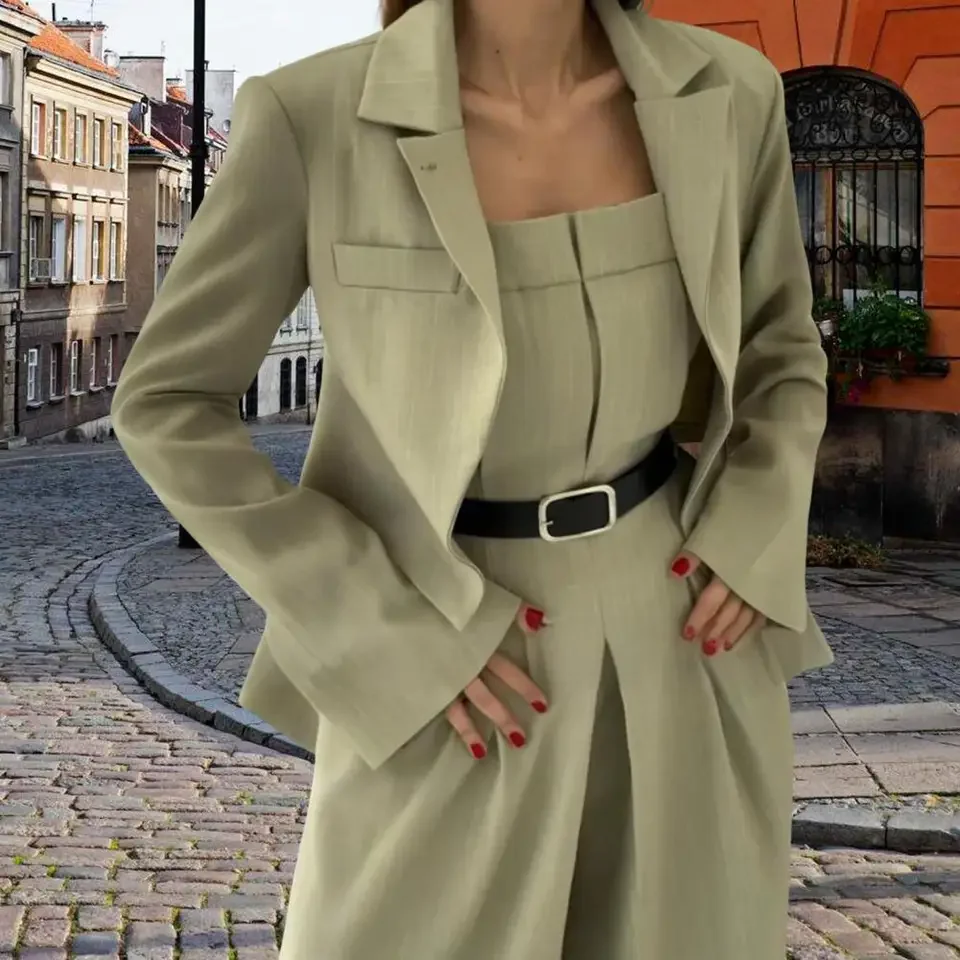 Women's Business Outfit Cropped Strapless Tube Top Jumpsuits Set Belted Wide Leg Romper Fall Casual Clothes Jumpsuits