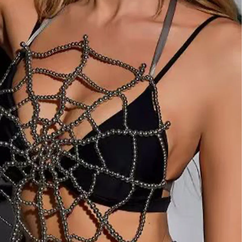 Body Chain Totally Hand-made cobweb Sexy Bikinis Bra Chain Can be worn outside Pearl Bra Chain For Women night club