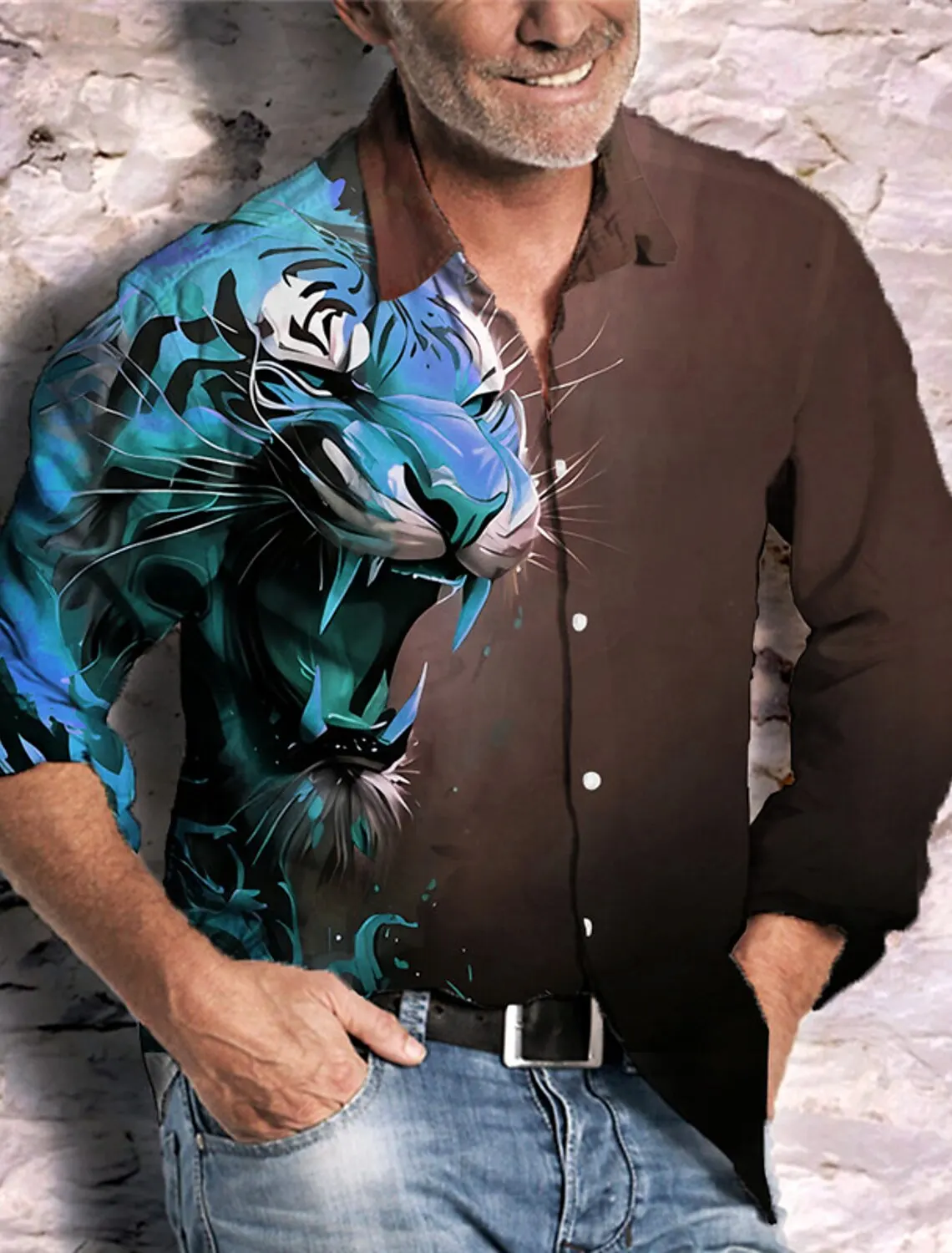 New Men's Shirt Long Sleeve 3D Printed Animal Lapel Button Autumn Men's Tops Retro King of The Forest Pattern Casual Tops S-5Xl