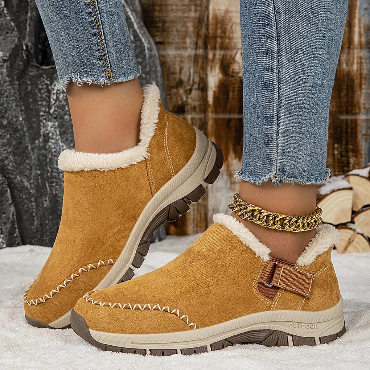 

Winter Thick Soled Snow Boots for Women Wool Lined Casual Cotton Shoes Warm and Fashionable Round Toe Short Ankle Boots Barefoot