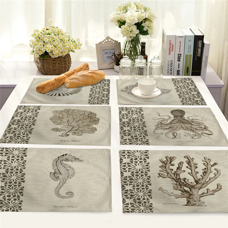 Cotton Linen Pads Western Mat Octopus Fish Dining Table Mat Marine Life Pattern Kitchen Placemat Coaster 45*32cm Home Decor