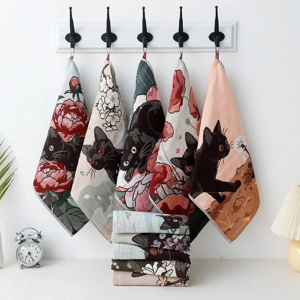 Cute 34x40cm Large Hand Towel 4 Layer Cotton Gauze Cat Pattern Kitchen Towel Decorative Quick Dry Tea Towel Home Restaurant