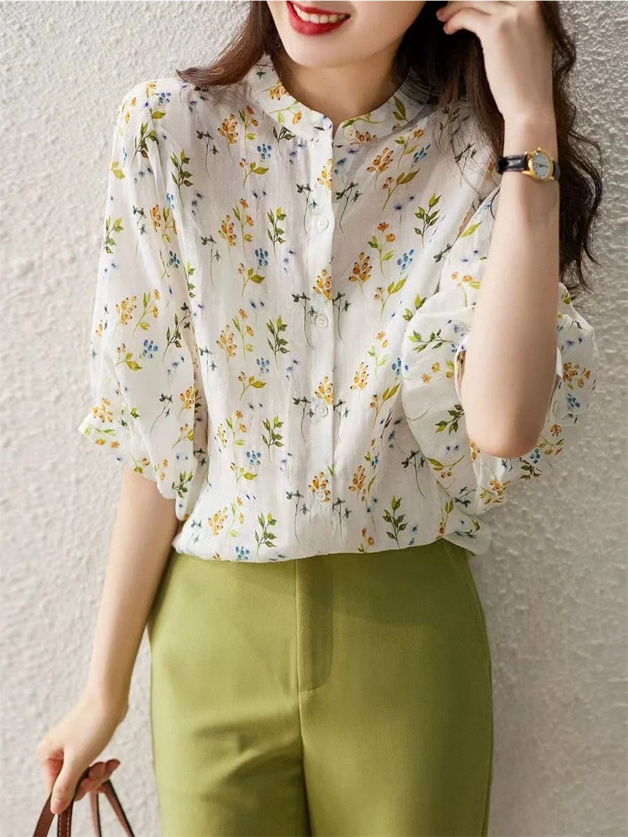 Blusas con estampado de flores para mujer, Tops informales de manga corta abullonada, cuello levantado, estilo veraniego, SP1496