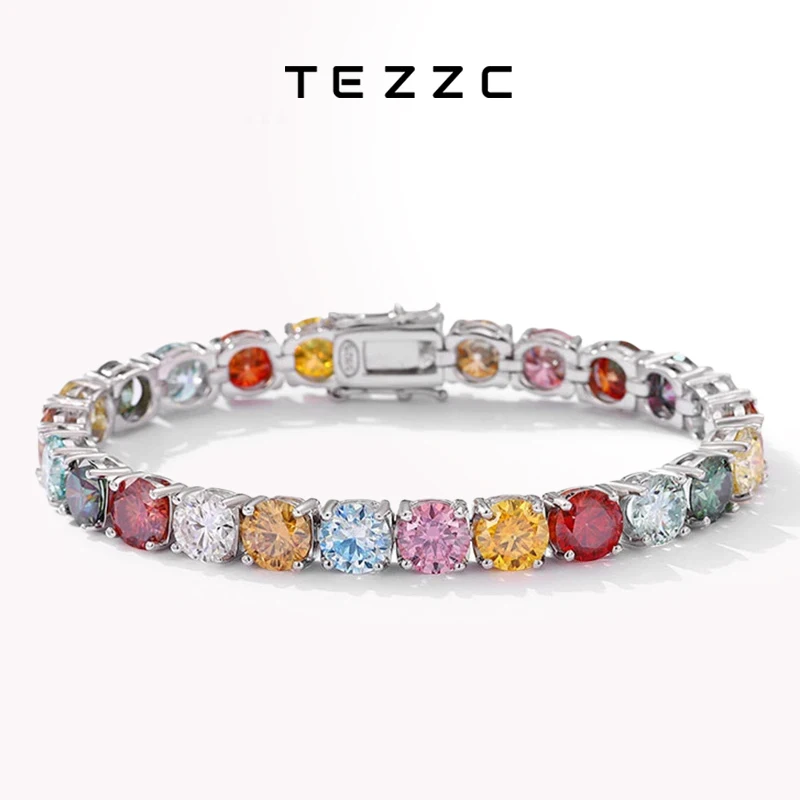 

Tezzc 3mm 4mm 5mm Colorful Rainbow Moissanite Tennis Bracelets for Women s925 Sterling Silver Plated White Gold Bracelet Chain