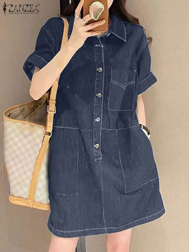 ZANZEA Denim Pockets Shirt Dress 2024 Summer Women Short Sleeve Sundress Fashion Solid Robe Casual Turn Down Collar Mini Dresses