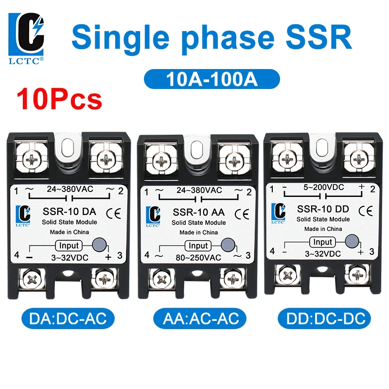 

LCTC 10PCS SSR 10A 25A 40A 50A 60A 80A 100A Solid State Relay DC To AC AC To AC DC To DC Single Phase Control Relay