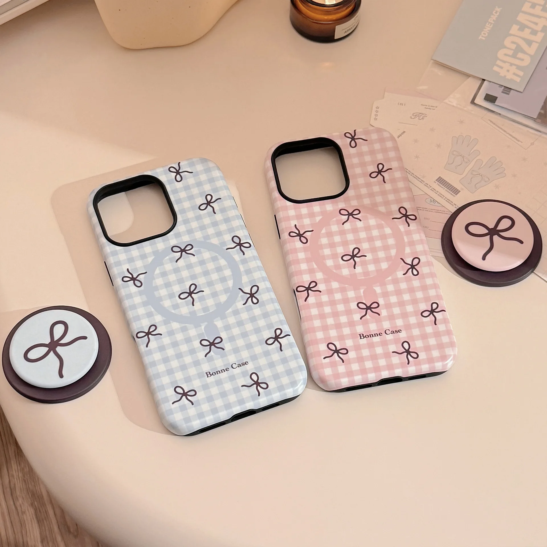 Koreanisches Gittermuster, Schleifenhalter, magnetische Handyhülle für iPhone 17, Air 16, 15, 14, 13, 12, 11, Pro Max, stoßfeste Schutzhülle