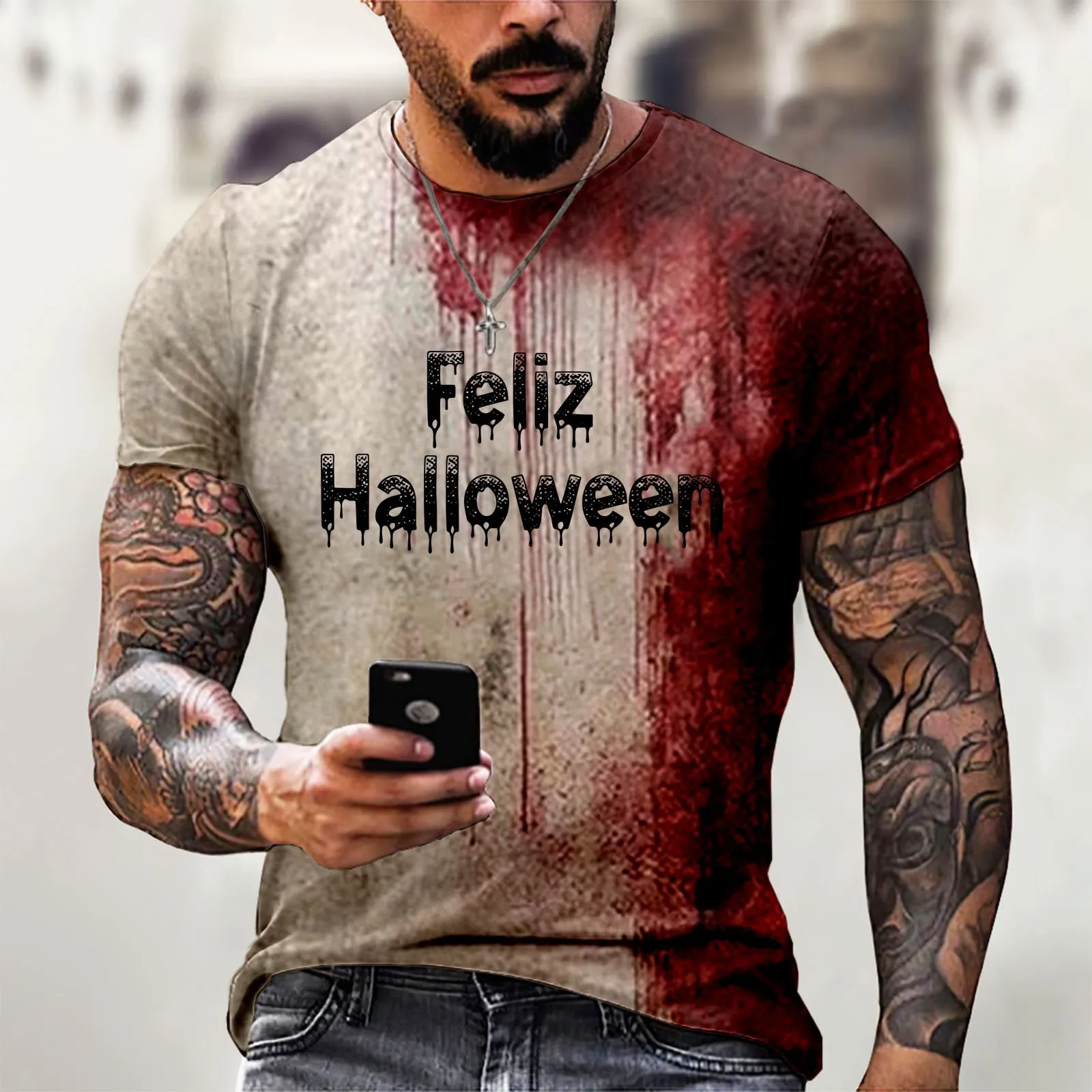 Halloween Theme Print T-shirt Blood Graphic Streetwear Shirt Problem Solved Letter Printed Male Gothic Bloody Short Sleeve