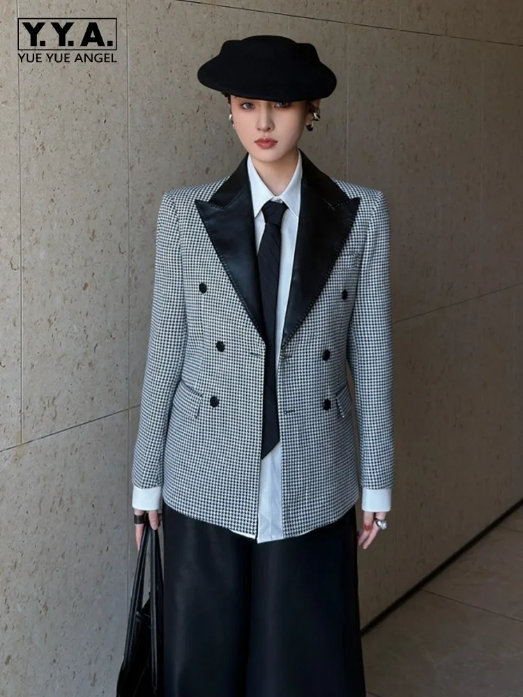 Female Vintage Plaid Suit Jacket Work Ladies Double Breasted Slim Fit Shoulder Padded Blazers Outerwear Notched Collar Coat