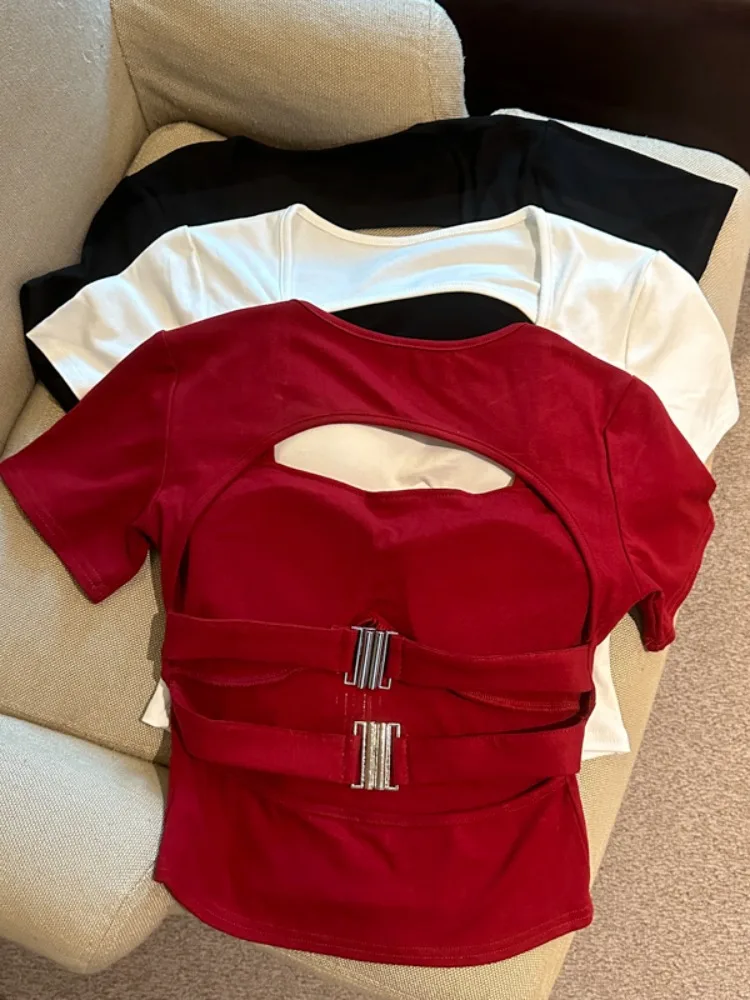 

Sexy Hollow out Short Sleeve T-Shirt Women's Short Shoulder Design Slimming Summer City Walk Casual Cotton Top for Young Girls