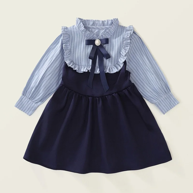 

Long Sleeve Kids Dresses For Girl Baby Striped Bow Dress Children's Clothes Spring Autumn School Uniform Girls Dress Fake Two